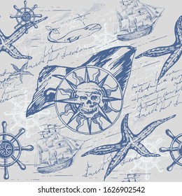 Jolly Roger. Travel, adventure and discovery seamless pattern with nautical symbols.