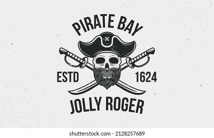 Jolly Roger vintage logo template. Pirate logo with skull and swords. Print for T-shirt, typography. Pirate emblem isolated on white background. Vector illustration