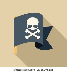 Jolly roger acenando ao vento, simbolizando a pirataria e o perigo, com longa sombra 