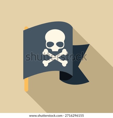 Jolly roger waving in the wind, symbolizing piracy and danger, with long shadow 