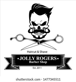 JOLLY ROGERS SKULL SCISSORS BARBER LOGO