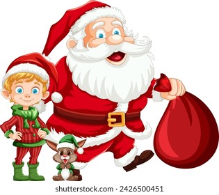 Jolly Santa, cheerful elf, and cute reindeer illustration.