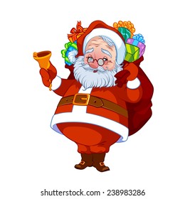 Jolly Santa Claus with a bag of gifts and a bell. Vector clip-art illustration on a white background.