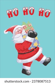 Jolly Santa Claus with a bulging sack of presents over his shoulder, laughing and saying ho ho ho.