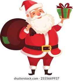 Jolly santa claus is carrying a large sack full of gifts over his shoulder and holding a wrapped christmas present, ready to deliver joy and festive cheer