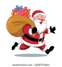Jolly Santa Claus Carrying a Sack of Christmas Presents, Santa Claus with a Bag of Gift Boxes, Merry Christmas Vector illustration