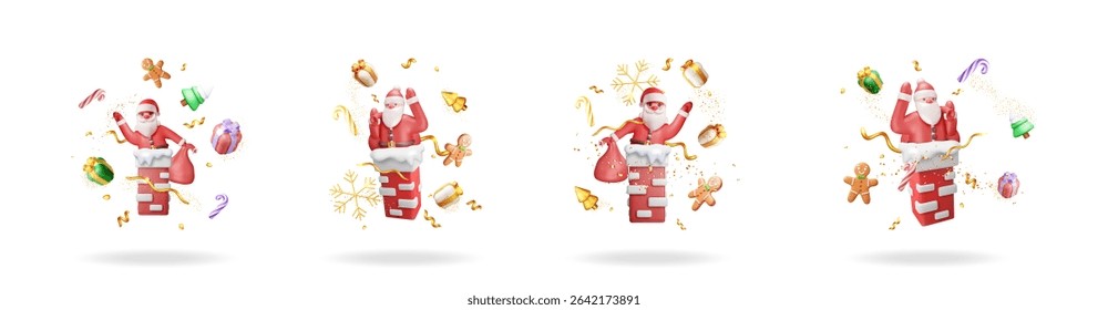 Jolly Santa Claus character descending chimney with gifts and confetti. Holiday season concept for a Merry Christmas greeting card.