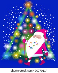 Jolly Santa Claus and Christmas tree shining ornate