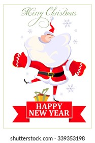Jolly Santa Claus dancing on the snow. Creative Christmas Card.