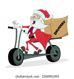 Jolly Santa Claus delivers a parcel on a scooter. The concept of fast modern delivery. Christmas vector illustration.