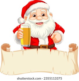 Jolly Santa Claus enjoying a beer while holding an empty paper roll