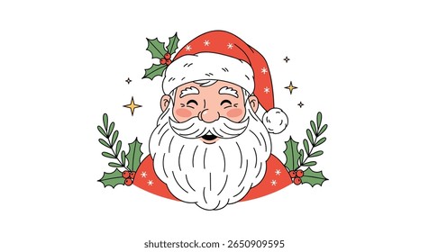 Jolly santa claus face with holly and stars festive christmas holiday portrait