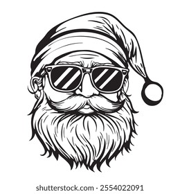 Jolly Santa Claus face in sunglasses . Sketch vector