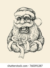 Jolly Santa Claus With A Gift. Hand Drawn Cartoon Character. Engraving Style. Vector Illustration