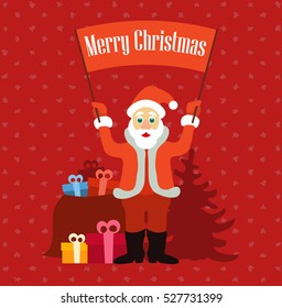 Jolly Santa Claus with gifts costs and holds a sheet over his head with the words Merry Christmas