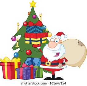 Jolly Santa Claus Holding Up A Stack Of Gifts By A Christmas Tree. Vector Illustration Isolated on white
