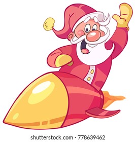 Jolly Santa Claus in a hurry for the spaceship in the new year's eve to congratulate the children