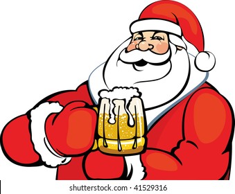 Jolly Santa Claus with with a mug of beer in hand. Christmas card.