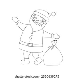 Jolly Santa Claus with a sack of presents. Illustration without colour. Colouring. Doodle style. Vector 