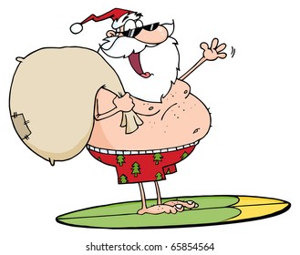 Jolly Santa Claus Surfing With His Sack