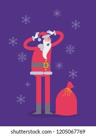 Jolly Santa Confusion. Flat cartoon vector illustration of a jolly character: Santa Claus holding his head with his hands, he remembered something. Christmas story, Christmas poster. Holiday surprise.