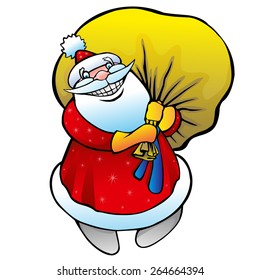 Jolly Santa in a fur coat with a bag of gifts; RGB EPS 10 vector illustration