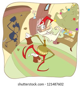 Jolly Santa in his house with two full circles. Santa knocked the door. Vector illustration.