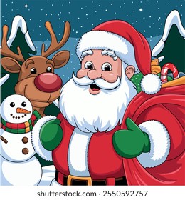 A jolly Santa holding a bag of toys, with a snowman and reindeer by his side under a starry sky.