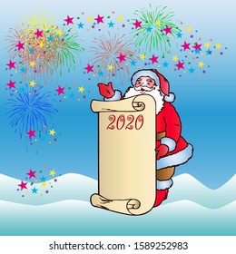 Jolly Santa is holding an empty scroll. Colorful Cartoon on firework background, vector