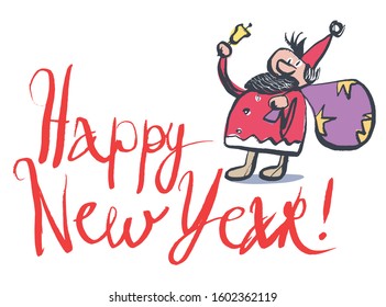 Jolly Santa holds a bell in his hand. Comic character. Vector illustration