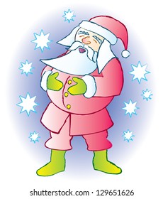 A jolly santa laughing with snowflakes in the background.