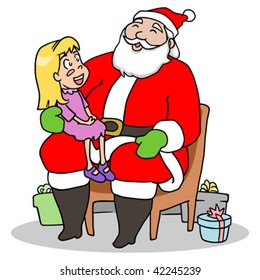 A jolly Santa with a little girl on his lap.