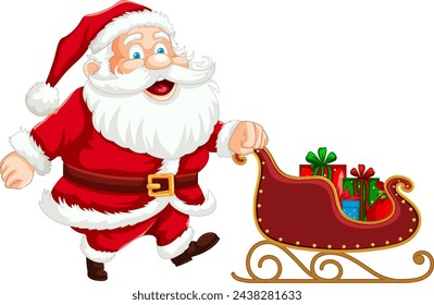 Jolly Santa pulling a sleigh with Christmas presents.