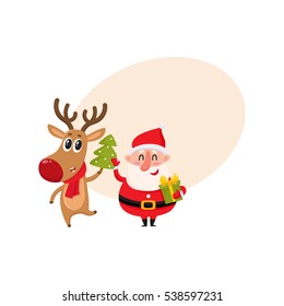 Jolly Santa and smiling reindeer stands with a Christmas tree and gift box, cartoon vector illustration with background for text. Santa Claus and deer, Christmas attributes, holiday elements