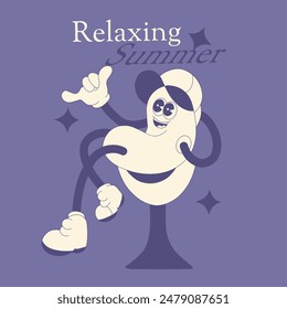 A jolly sausage mascot lounges comfortably in a round chair, sporting a hat and a relaxed hand gesture, basking in the warmth of summer.