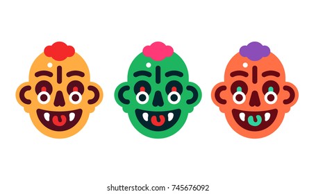 Jolly scary cartoon stylized monsters faces. Flat style. Vector illustration, isolated.