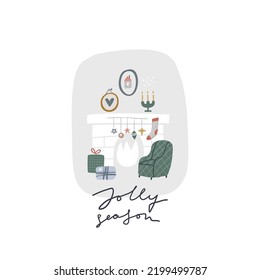 Jolly season. Christmas card. Hand drawn illustration in cartoon style. Cute concept for xmas. Illustration for the design postcard, textiles, apparel, decor
