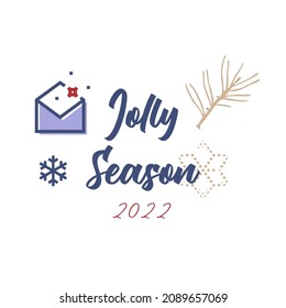 Jolly Season greeting card. Lettering phrase and linear icon isolated on white background. Open envelope, pine branch, and snowflake vector icon.