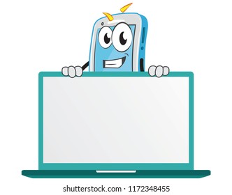 Jolly Smartphone mobile character presenting a big laptop notebook blank empty template write your own story products education business contents