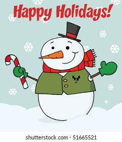 Jolly Snowman Holding Candy Cane Snow Stock Vector (Royalty Free ...