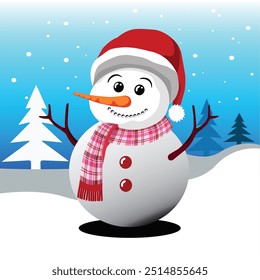 A jolly snowman stands in a snowy landscape, with pine trees in the background. The snowman wears a red Santa hat.A perfect illustration for Christmas cards or winter-themed projects.