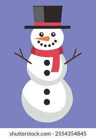 A jolly snowman wearing a red scarf and top hat on a purple background, ideal for winter and Christmas designs