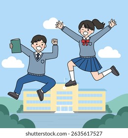 jolly students jumping in school uniforms
