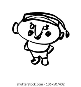 Jolly young elf. Hand-drawn cartoon character. Black and white Doodle illustration.