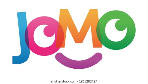 JOMO word vector illustration. Joy Of Missing Out. Colored rainbow text. Vector banner. Corporate concept. Gradient Text. Transparency Letters. Vector illustration