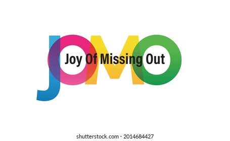 JOMO word vector illustration. Joy Of Missing Out. Colored rainbow text. Vector banner. Corporate concept. Gradient Text. Transparency Letters. 