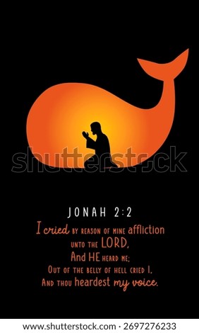 Jonah 2 2, Bible quote concept - I cried reason of mine affliction. Christian banner or t-shirt design with the prophet Jonah in the belly of the whale and typography. Vector illustration