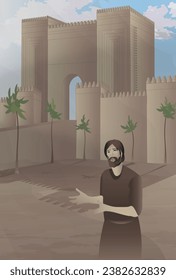 Jonah en Nínive. Historias de la Biblia.   Ilustración vectorial. Antiguo testamento. 