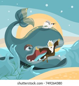 Jonah And The Whale - Bible Story. Cartoon Illustration Of Noah In The Whale's Mouth On Sea Background With Waves, Moon And Stars