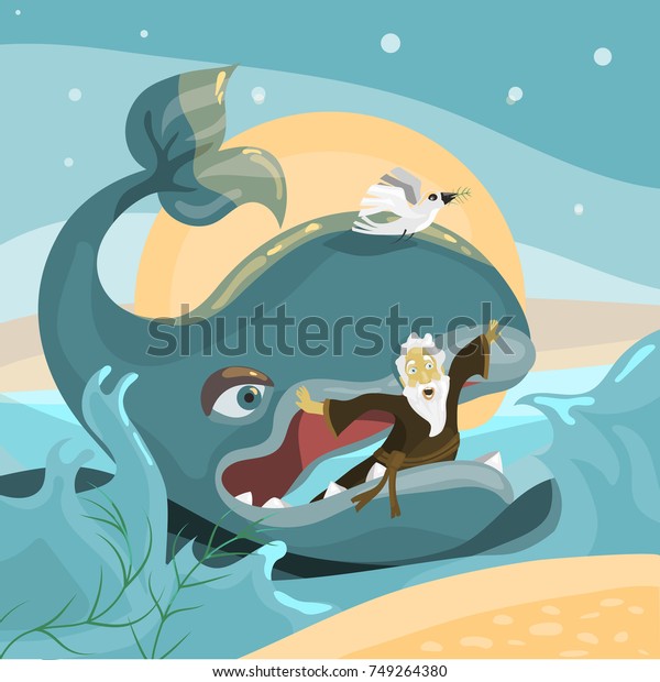 ジョナとクジラ 聖書の物語 海の背景に波 月 星の付いたクジラの口にあるノアの漫画のイラスト のベクター画像素材 ロイヤリティフリー